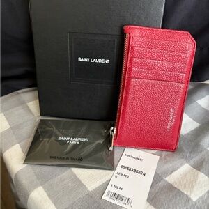 Authentic Saint Laurent Red Leather Fragment Card Holder Wallet